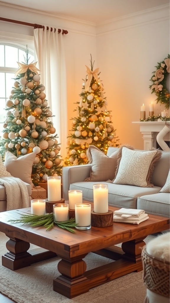 Beige Christmas Aesthetic Decor Ideas A cozy Christmas living room decorated in beige tones with a tree and candles.